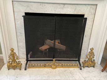 Fireplace Screen With Gold Andirons And Hearth Fender