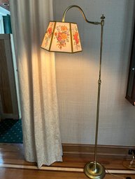 Adjustable Swing Arm Brass Floor Lamp With Floral Shade - Height Adjusts
