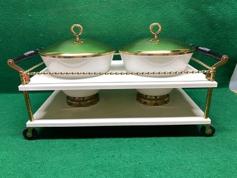 Mid Century Fire King Double White Fancy Cart Warming/ Serving Set Bowls & Stand. New Old Stock.