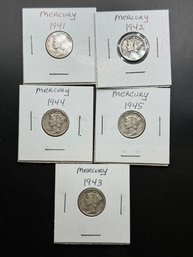 5 Mercury Dimes 1941, 1942, 1943, 1944 1945