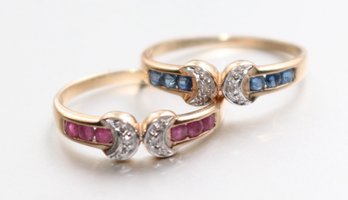 Set Of 2 Ruby And Sapphire And Diamond Chip Art Deco Twin 14Kt Gold Rings Sz 6.5