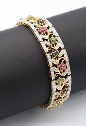 Stunning Gold Over Silver Multi Gemstone Floral Motif Bracelet