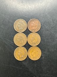 6 Indian Head Pennies 1902, 1903, 1904, 1905, 1906, 1907