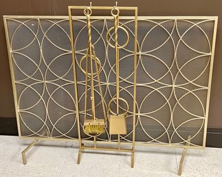 Vintage Mid Century Fireplace Set - Screen And Tools With Holder - Gold Tone - Lightweight Metal -