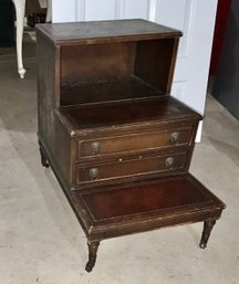 Antique Leather Top Tiered End Table On Casters ~ Lion Drawer Pulls ~