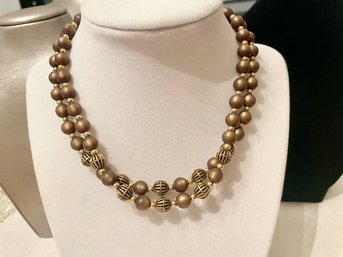 Vintage Iridescent Brown & Gold Tone Double Strand Necklace