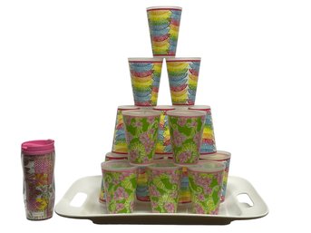 15 Lilly Pulitzer Plastic Drinking Cups, A Single Lilly Pulitzer Travel Mug And White Plastic Serving Tray