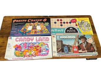 Vintage Board Games Set/4 Including Presto Change-o, Pente, Hangman & Candy Land.