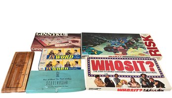 Vintage Board Games Including Whosit?, Risk, Scoremaster Cribbage, Inword & GinnyKub.