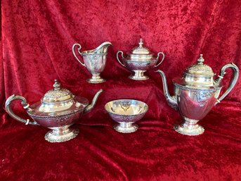 Antique Sterling Silver Wallace La Reine 5 Piece Coffee Tea Service Sugar Dish Covered Creamer And Bowl 98oz