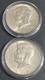 2 Forty Percent Silver Kennedy Half Dollars 1967, 1968-D