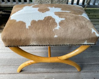 MCM Original Cowhide Ottoman With Curved Blonde  Wood Base . Mint Condition