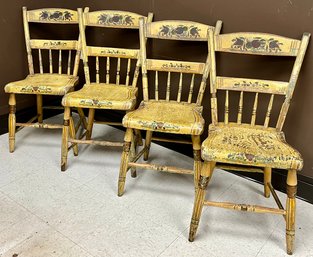 Antique Vtg Wood Country Primitive 4 Chairs - Hand Painted Tole Fruit Flowers - Mustard Yellow Cranberry Green