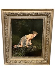 Antique Oil Painting In Intricate Gold Frame - Natures Mirror - Nude Fairy - Possible Paul Thumann? 29Hx25W