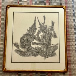 Thai Rice Paper Temple Rubbing Framed Original Artwork In Bronzed Tone Wooden Frame