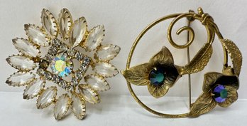 2 Vintage Pins Brooches With Rhinestones