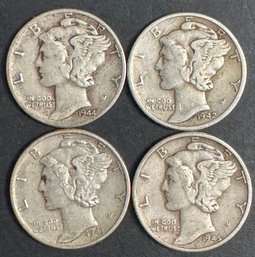 4 Mercury Dimes 1942, 1943, 1944, 1945