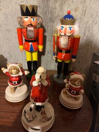 3 Ceramic Music Boxes And Two Large Nutcrackers