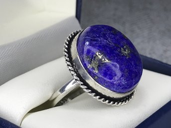 Wonderful New Never Worn 925 / Sterling Silver And Lapis Lazuli Dome Cocktail Ring - Highly Polished !