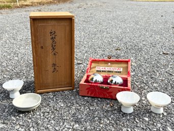 Sake Cups, A Hand Made Japanese Figurine, And Chinese Iron Balls