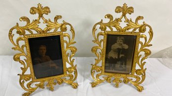 Gold Gilt Brass Pair Of Photo Frames 19th Century With Original Photos