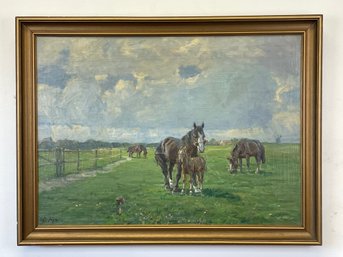 Oil On Canvas 'Horses In The Field' By  Harold Kjaer