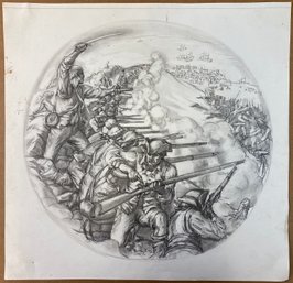 Original Pencil Sketch Plate Study Of A War Scene - Pen Signed Alton S Tobey