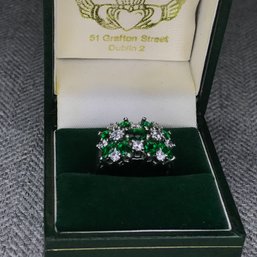 Very Pretty 925 / Sterling Silver Cluster Ring With Russian Tsavorite And White Zircons - Very Pretty Ring