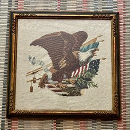Framed 1940s Vintage Needlepoint Stitched Scene - American Eagle In Carved Wooden Frame
