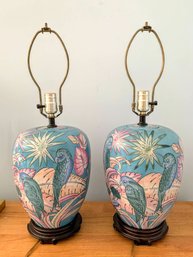 Fabulous Pair Of Tropical Themed Hand-Painted Chinese Porcelain Lamps: Parakeets, Florals