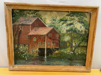 Vintage Original Oil Painting By Vida McLevy - Red House At Water's Edge