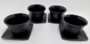 Set 4 Wazuqu Cast Iron Enameled Tea Cups With Saucers