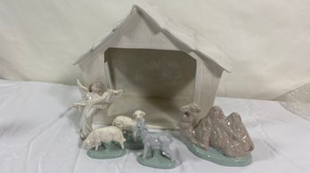 Set Of Six Pieces Ceramic Nativity Manger Plus Figurine.