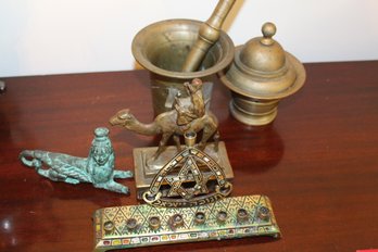 Menorah, Mortal And Pestle And Brass Decor