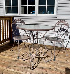 Rose Colored Painted Wrought Iron Outdoor Cafe Table With Glass Top & Two Chairs