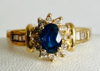 GORGEOUS 14K GOLD BLUE SAPPHIRE AND DIAMOND RING