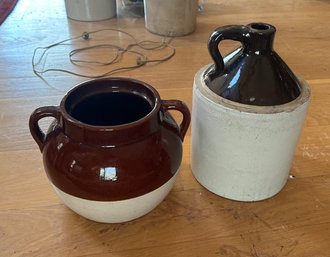 Vintage Brown & Cream Stoneware Potter With Two Handles & Crock Jug Pottery.