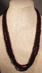 Three Antique Bohemian Garnet Beaded Barrel Clasped Necklaces