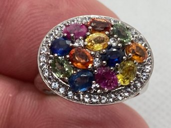 Fine Sterling Silver Multi-gemstone Ring- Designer Signed Size 7