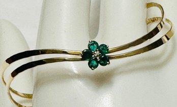 GORGEOUS 14K GOLD EMERALD AND DIAMOND HAND WROUGHT WAVE BRACELET