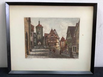 Framed 'rothenburg Tower' Signed Colored Etchings By Ernst Geissendorfer