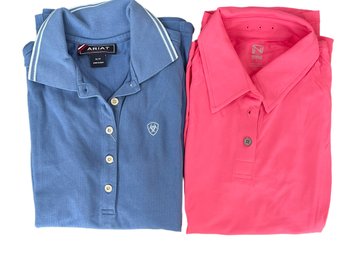 2 Womens Size Small Short Sleeve Polo Style Shirts. 1 Ariat S/P Blue & 1 Noble Performance Fabric SM. Salmon