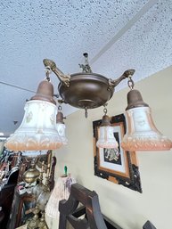 C 1913   Chandelier  4 Lite Brass And Painted Milk Glass