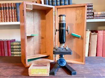 C. 1940s Carl Zeiss Jena Monocular Microscope In Its Wooden Box With Slides, Made In Germany