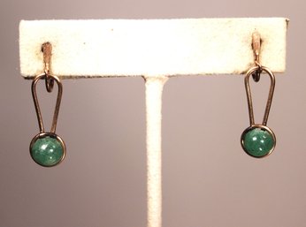 Antique Gold Filled Pierced Drop Earrings, Jade Cabochon Stones