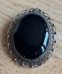 Large Vintage Sterling And Onyx Cabochon Pendant Brooch