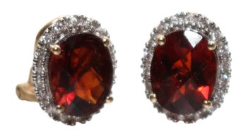 Oval Faceted Garnet  Diamond Chip 14 Kt Gold  Clip-On Post Earrings