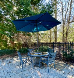 Quality Outdoor Table With Glass Top, 'Lazy Susan' Insert At Center On A Cement Base With Umbrella & 4 Chairs