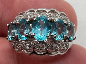 Fine Sterling Silver Sky Blue Topaz Ring With White Topaz Accents