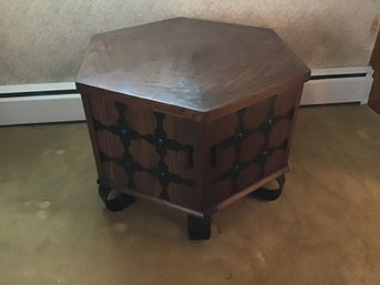 Mid Century Octagon Side Table With Iron Swirl Legs